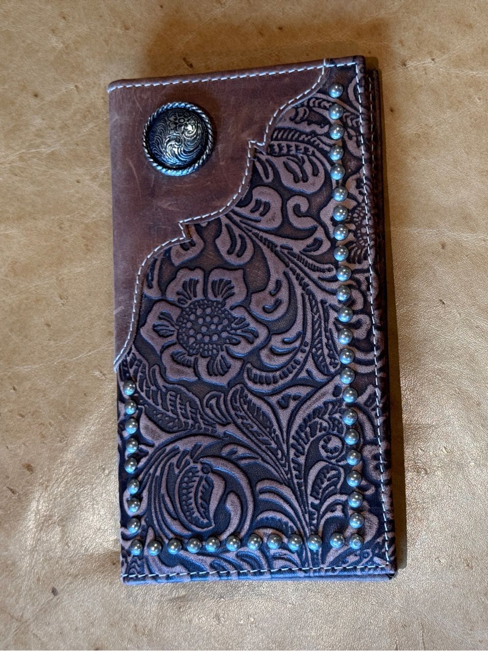 Myra Bag Brown Tooled Leather Card & Key Holder with Stud Accents